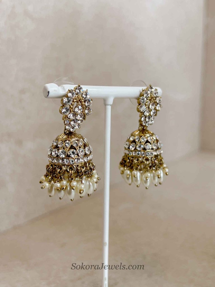 Antique Gold & Crystal Jhumka Earrings - SOKORA JEWELSAntique Gold & Crystal Jhumka Earrings