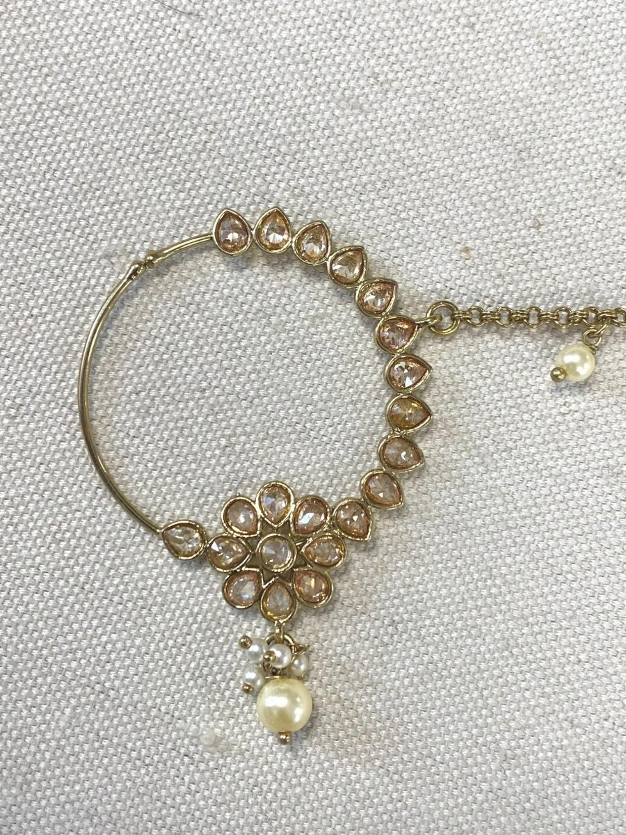 Antique Gold Crystal Nose Ring - Pearl/Golden (Slide Type) - SOKORA JEWELSAntique Gold Crystal Nose Ring - Pearl/Golden (Slide Type)
