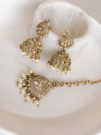 Antique Gold Crystal & Pearl Jhumka Earrings & Tikka Set - SOKORA JEWELSAntique Gold Crystal & Pearl Jhumka Earrings & Tikka Set