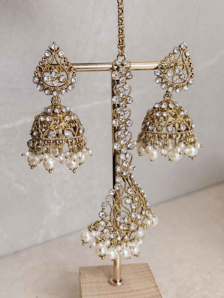 Antique Gold Crystal & Pearl Jhumka Earrings with Tikka Set - SOKORA JEWELSAntique Gold Crystal & Pearl Jhumka Earrings with Tikka Set