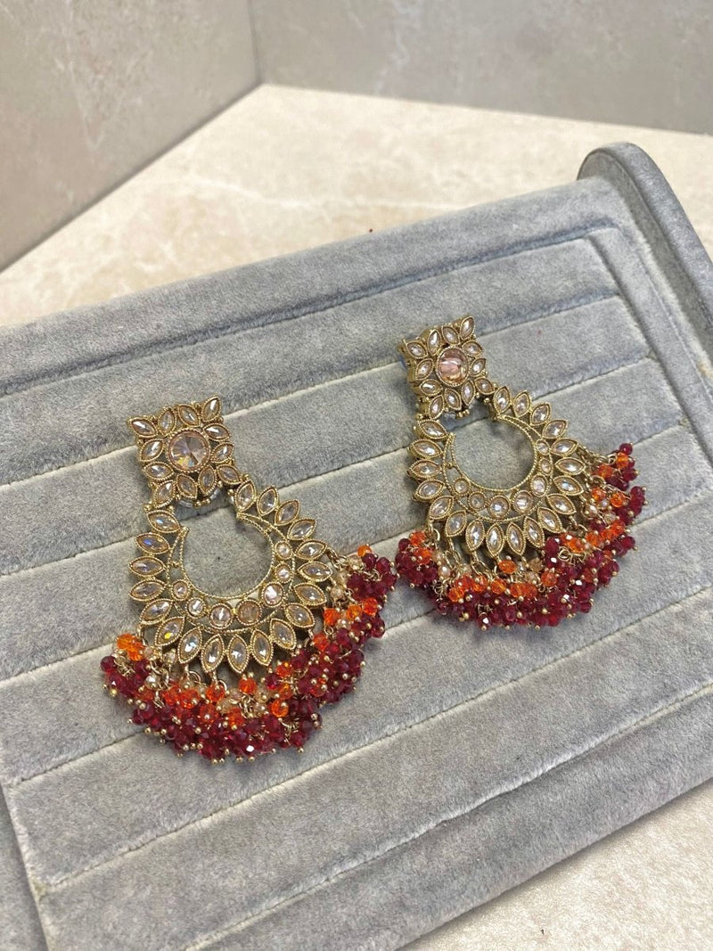 Antique Gold Drop Earrings - Maroon - SOKORA JEWELSAntique Gold Drop Earrings - Maroon