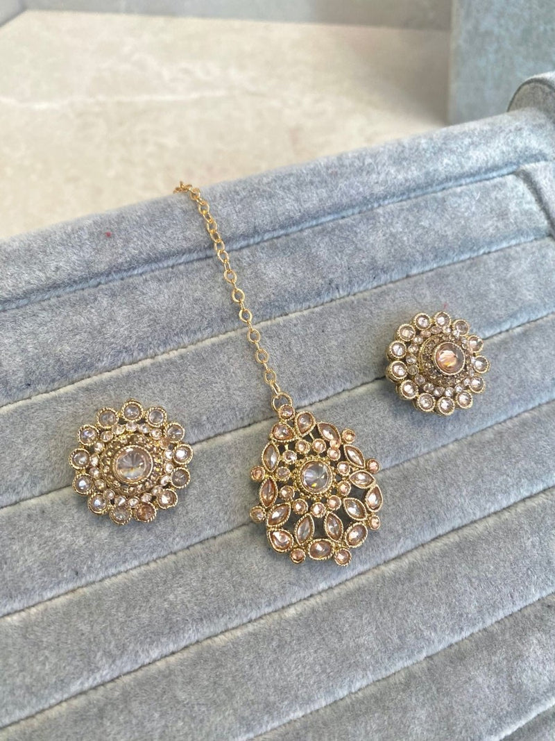 Antique Gold Earring and Tikka set - SOKORA JEWELSAntique Gold Earring and Tikka set
