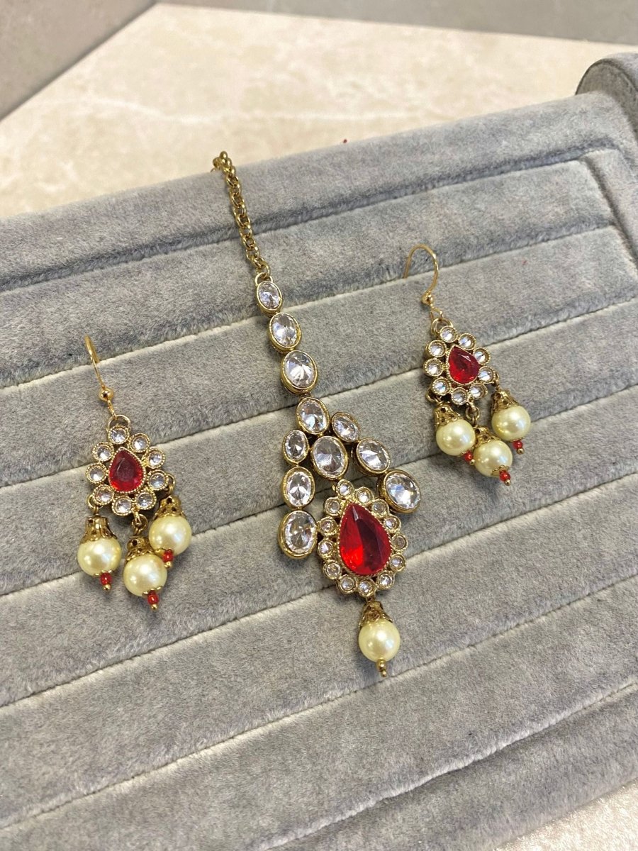 Antique Gold Earring & Tikka - Red - SOKORA JEWELSAntique Gold Earring & Tikka - Red