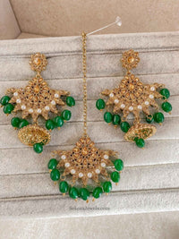 Antique Gold Earring & Tikka Set - Green - SOKORA JEWELSAntique Gold Earring & Tikka Set - Green
