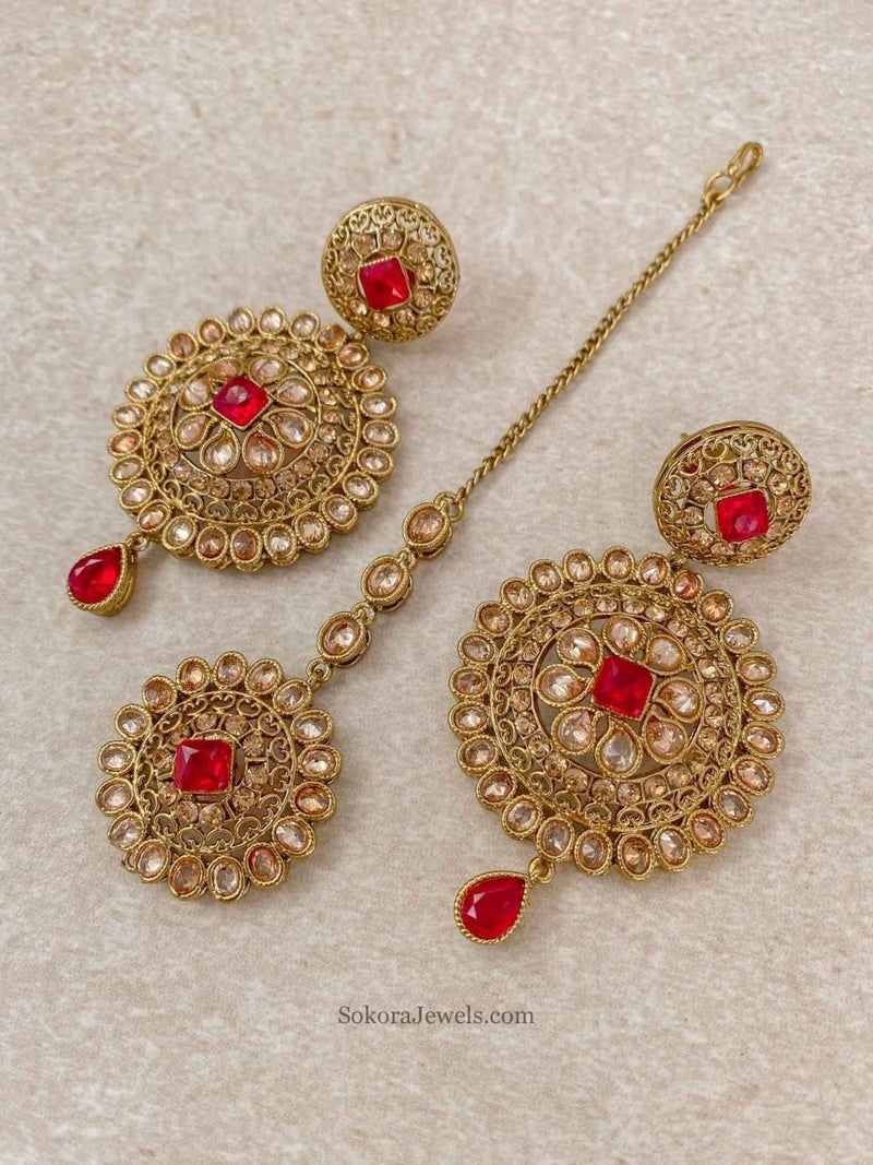 Antique Gold Earring & Tikka Set - Red - SOKORA JEWELSAntique Gold Earring & Tikka Set - Red