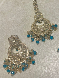 Antique Gold Earring & Tikka Set - Teal - SOKORA JEWELSAntique Gold Earring & Tikka Set - Teal