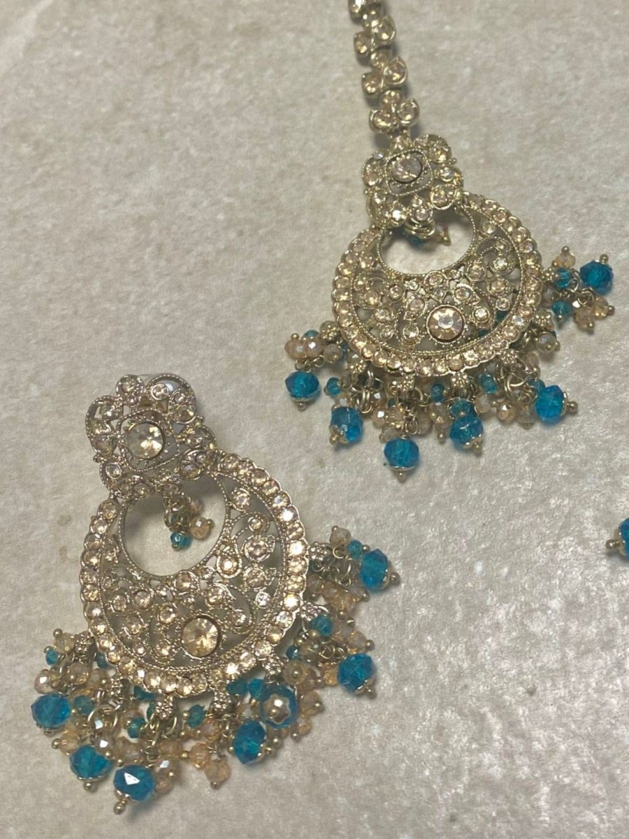 Antique Gold Earring & Tikka Set - Teal - SOKORA JEWELSAntique Gold Earring & Tikka Set - Teal