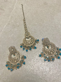 Antique Gold Earring & Tikka Set - Teal - SOKORA JEWELSAntique Gold Earring & Tikka Set - Teal