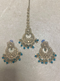 Antique Gold Earring & Tikka Set - Teal - SOKORA JEWELSAntique Gold Earring & Tikka Set - Teal