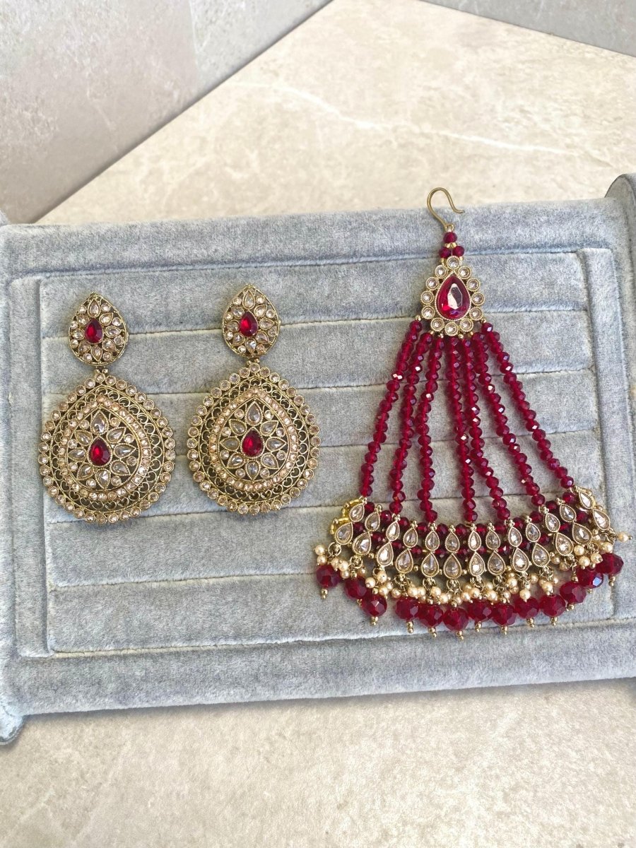 Antique Gold Earrings and Jhumar Set - Deep Maroon - SOKORA JEWELSAntique Gold Earrings and Jhumar Set - Deep Maroon