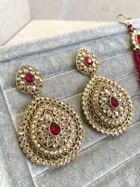 Antique Gold Earrings and Jhumar Set - Deep Maroon - SOKORA JEWELSAntique Gold Earrings and Jhumar Set - Deep Maroon