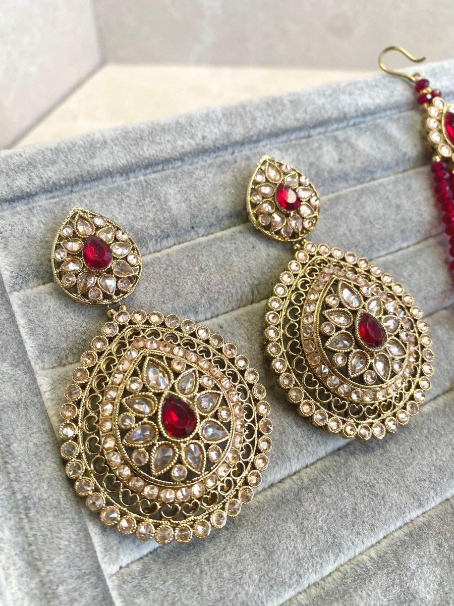 Antique Gold Earrings and Jhumar Set - Deep Maroon - SOKORA JEWELSAntique Gold Earrings and Jhumar Set - Deep Maroon