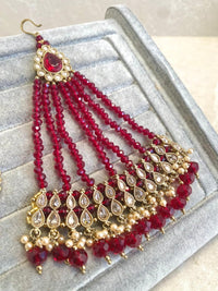 Antique Gold Earrings and Jhumar Set - Deep Maroon - SOKORA JEWELSAntique Gold Earrings and Jhumar Set - Deep Maroon