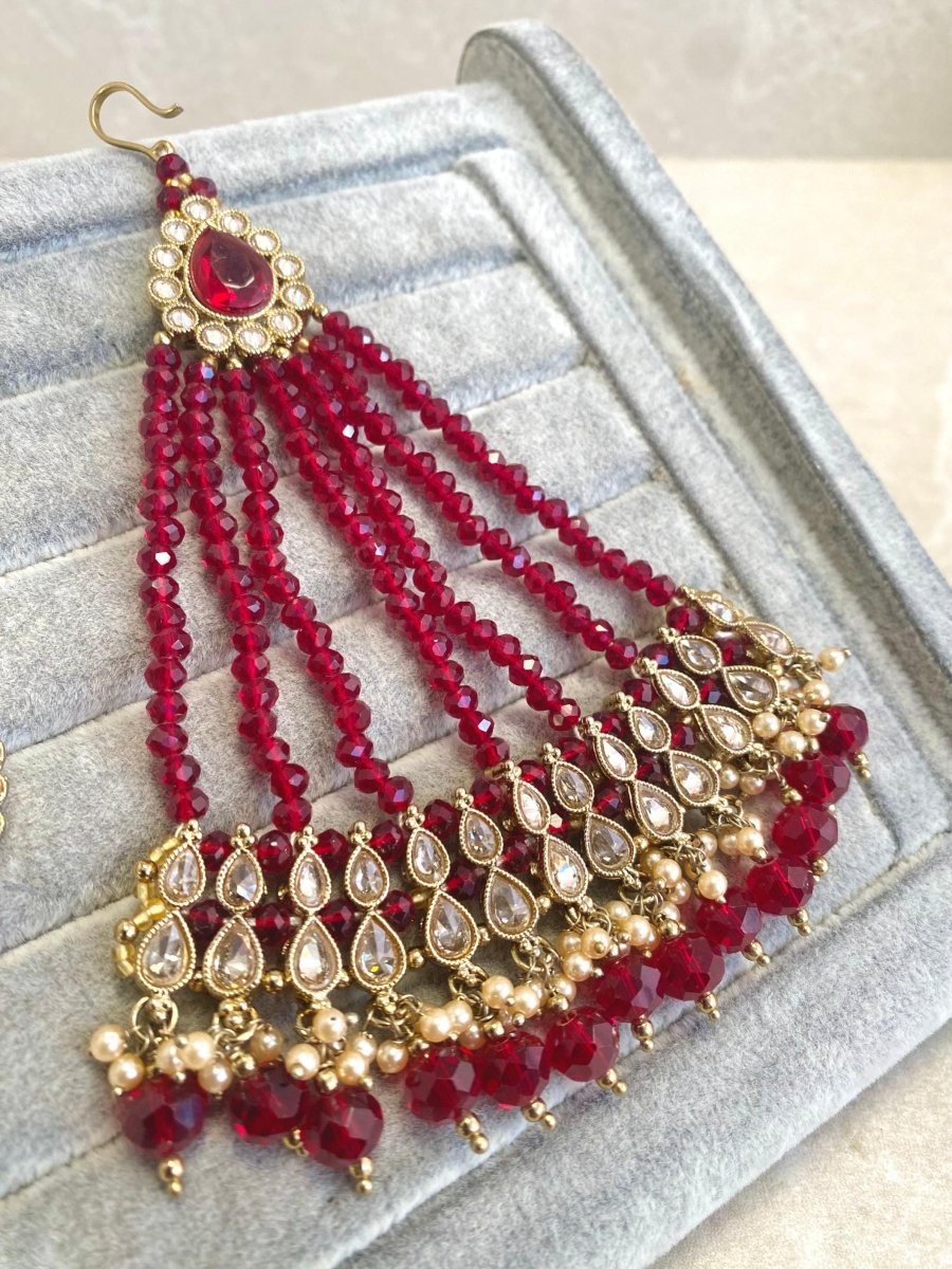 Antique Gold Earrings and Jhumar Set - Deep Maroon - SOKORA JEWELSAntique Gold Earrings and Jhumar Set - Deep Maroon