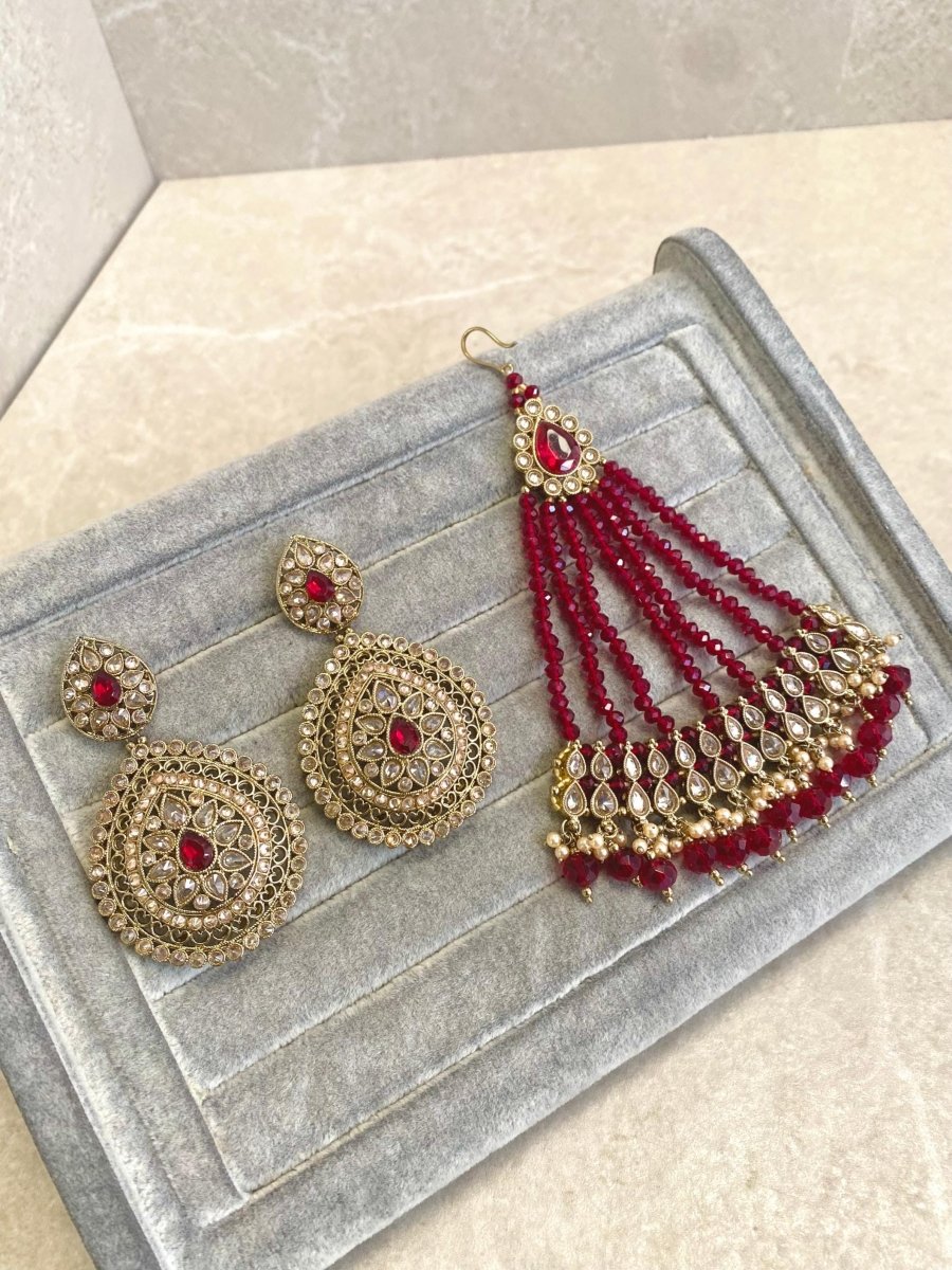 Antique Gold Earrings and Jhumar Set - Deep Maroon - SOKORA JEWELSAntique Gold Earrings and Jhumar Set - Deep Maroon