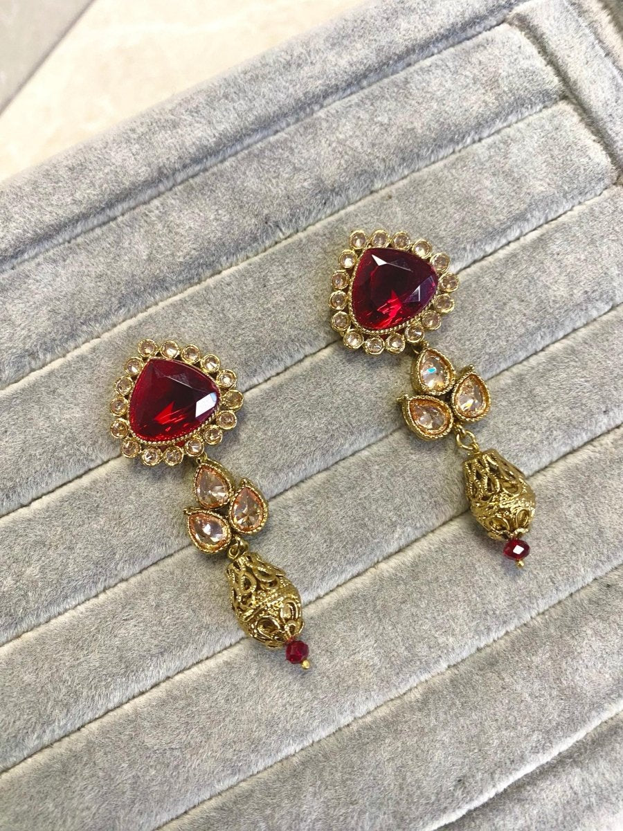 Antique Gold Earrings - Maroon - SOKORA JEWELSAntique Gold Earrings - Maroon