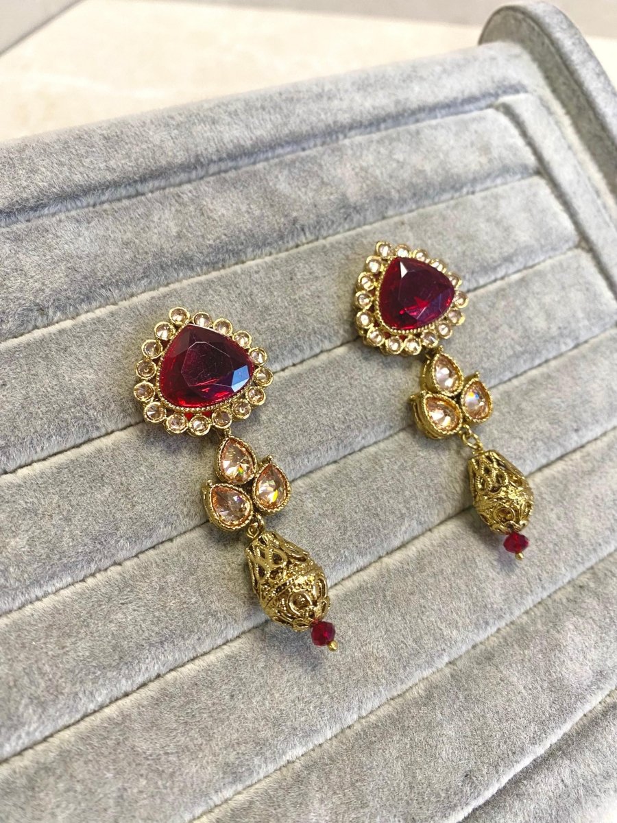 Antique Gold Earrings - Maroon - SOKORA JEWELSAntique Gold Earrings - Maroon