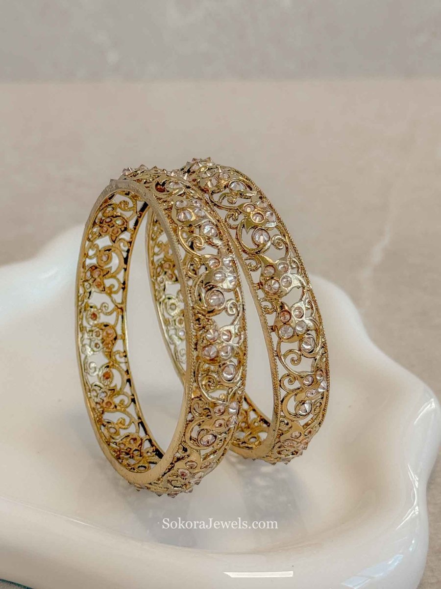 Antique Gold Filigree Champagne Zircon Bridal Bangles - SOKORA JEWELSAntique Gold Filigree Champagne Zircon Bridal BanglesBANGLES