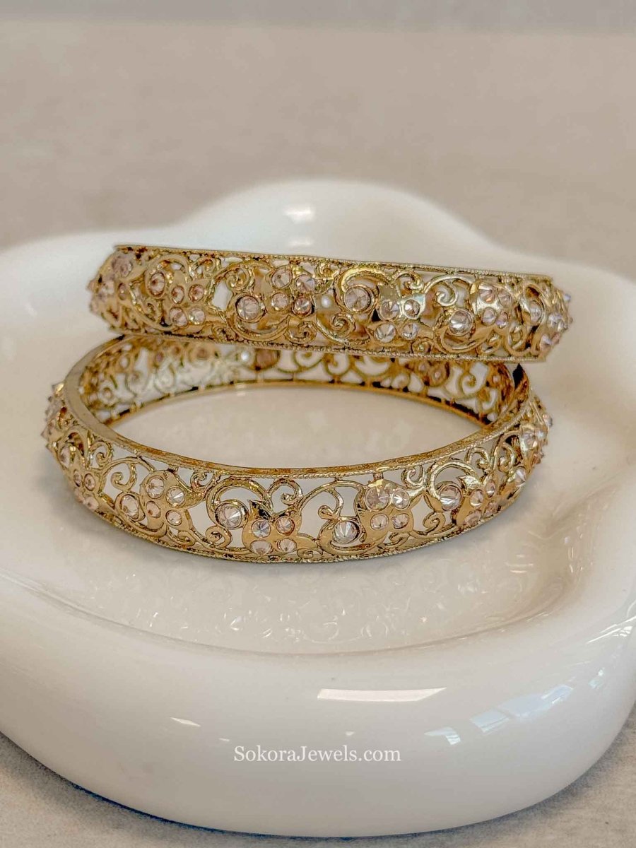 Antique Gold Filigree Champagne Zircon Bridal Bangles - SOKORA JEWELSAntique Gold Filigree Champagne Zircon Bridal BanglesBANGLES