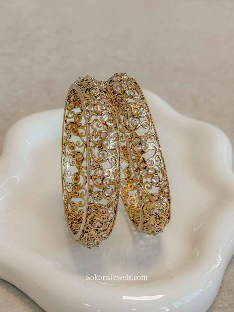 Antique Gold Filigree Champagne Zircon Bridal Bangles - SOKORA JEWELSAntique Gold Filigree Champagne Zircon Bridal BanglesBANGLES