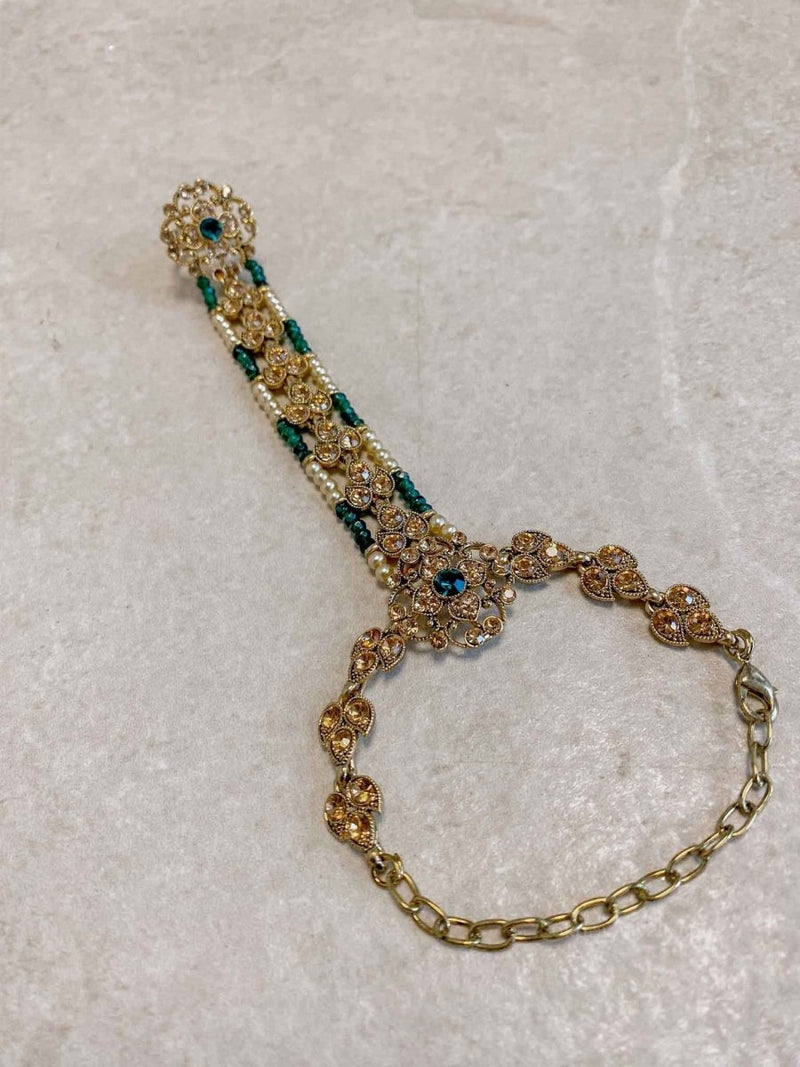 Antique Gold Hand Harness - Green - SOKORA JEWELSAntique Gold Hand Harness - Green