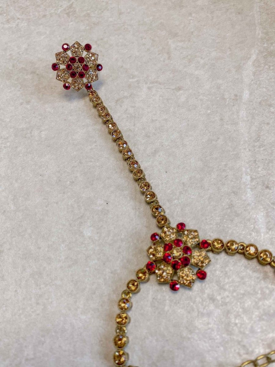 Antique Gold Hand Harness - Maroon - SOKORA JEWELSAntique Gold Hand Harness - Maroon