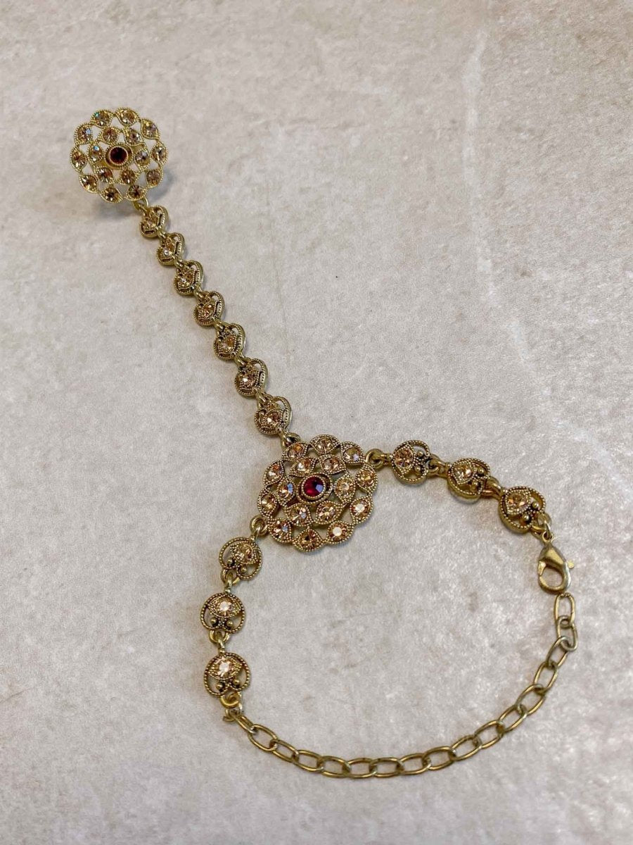 Antique Gold Hand Harness - Maroon - SOKORA JEWELSAntique Gold Hand Harness - Maroon