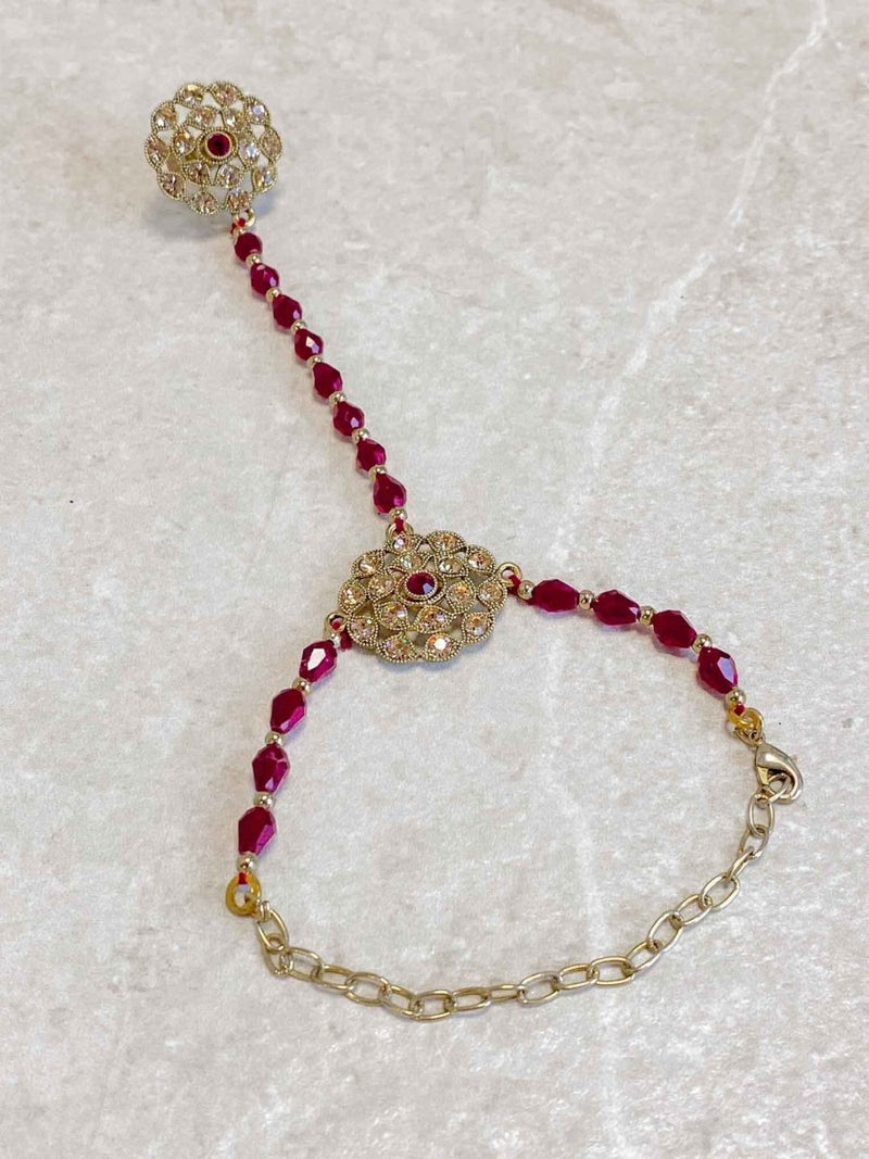 Antique Gold Hand Harness - Maroon - SOKORA JEWELSAntique Gold Hand Harness - Maroon