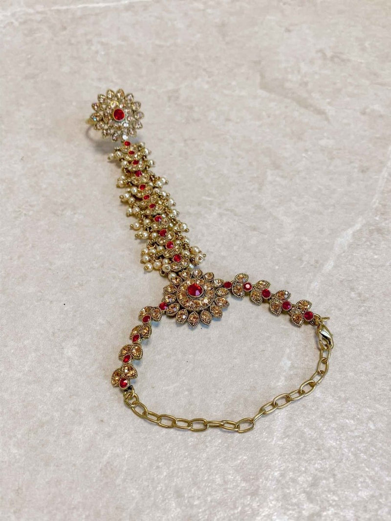 Antique Gold Hand Harness - Red - SOKORA JEWELSAntique Gold Hand Harness - Red
