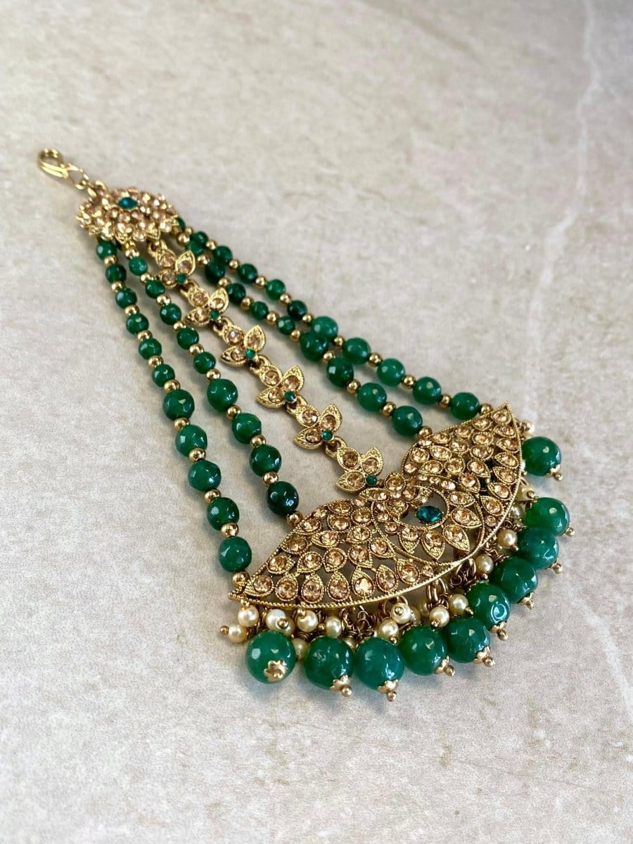 Antique Gold Jhumar - Green - SOKORA JEWELSAntique Gold Jhumar - Green