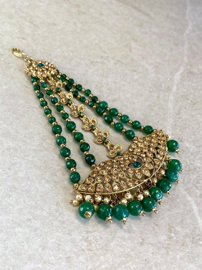 Antique Gold Jhumar - Green - SOKORA JEWELSAntique Gold Jhumar - Green