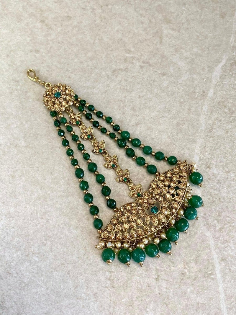 Antique Gold Jhumar - Green - SOKORA JEWELSAntique Gold Jhumar - Green