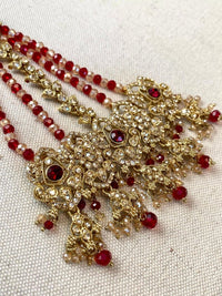 Antique Gold Jhumar - Maroon Red - SOKORA JEWELSAntique Gold Jhumar - Maroon Red