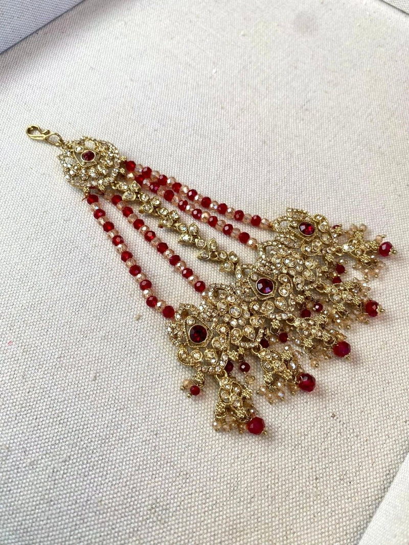 Antique Gold Jhumar - Maroon Red - SOKORA JEWELSAntique Gold Jhumar - Maroon Red