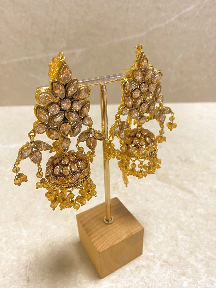 Antique Gold Jhumka Earrings - Honey Gold - SOKORA JEWELSAntique Gold Jhumka Earrings - Honey Gold