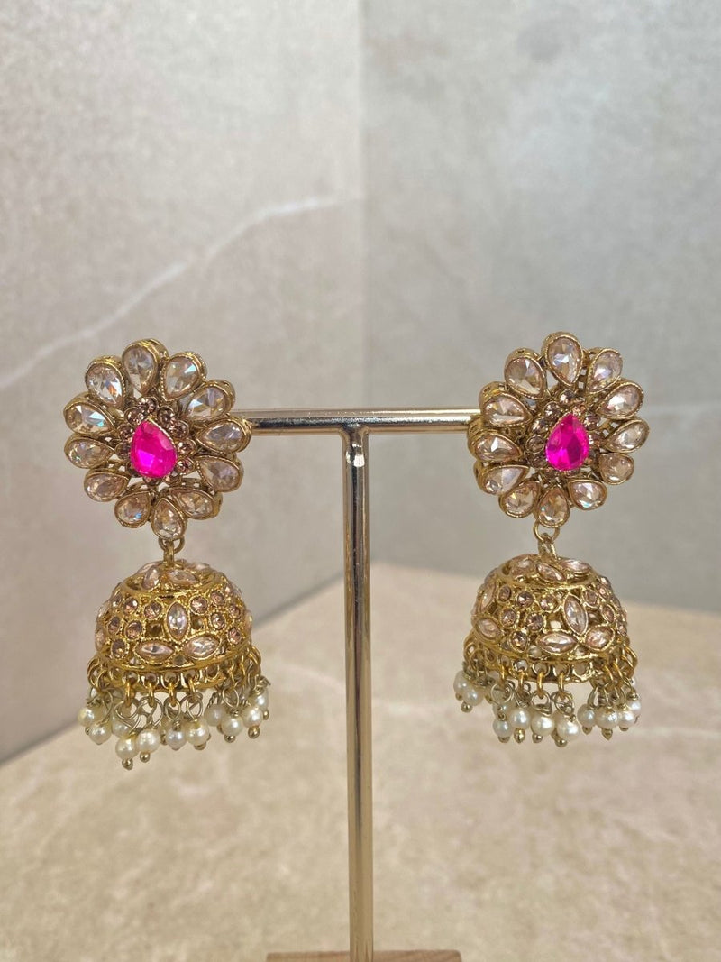 Antique Gold Jhumka Earrings - Hot Pink - SOKORA JEWELSAntique Gold Jhumka Earrings - Hot Pink