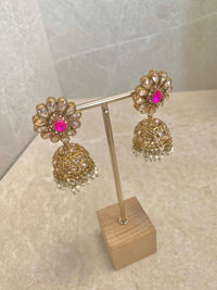 Antique Gold Jhumka Earrings - Hot Pink - SOKORA JEWELSAntique Gold Jhumka Earrings - Hot Pink
