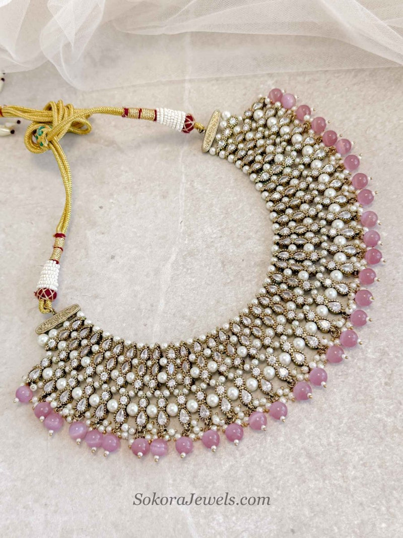 Antique Gold & Light Pink Necklace - SOKORA JEWELSAntique Gold & Light Pink Necklace