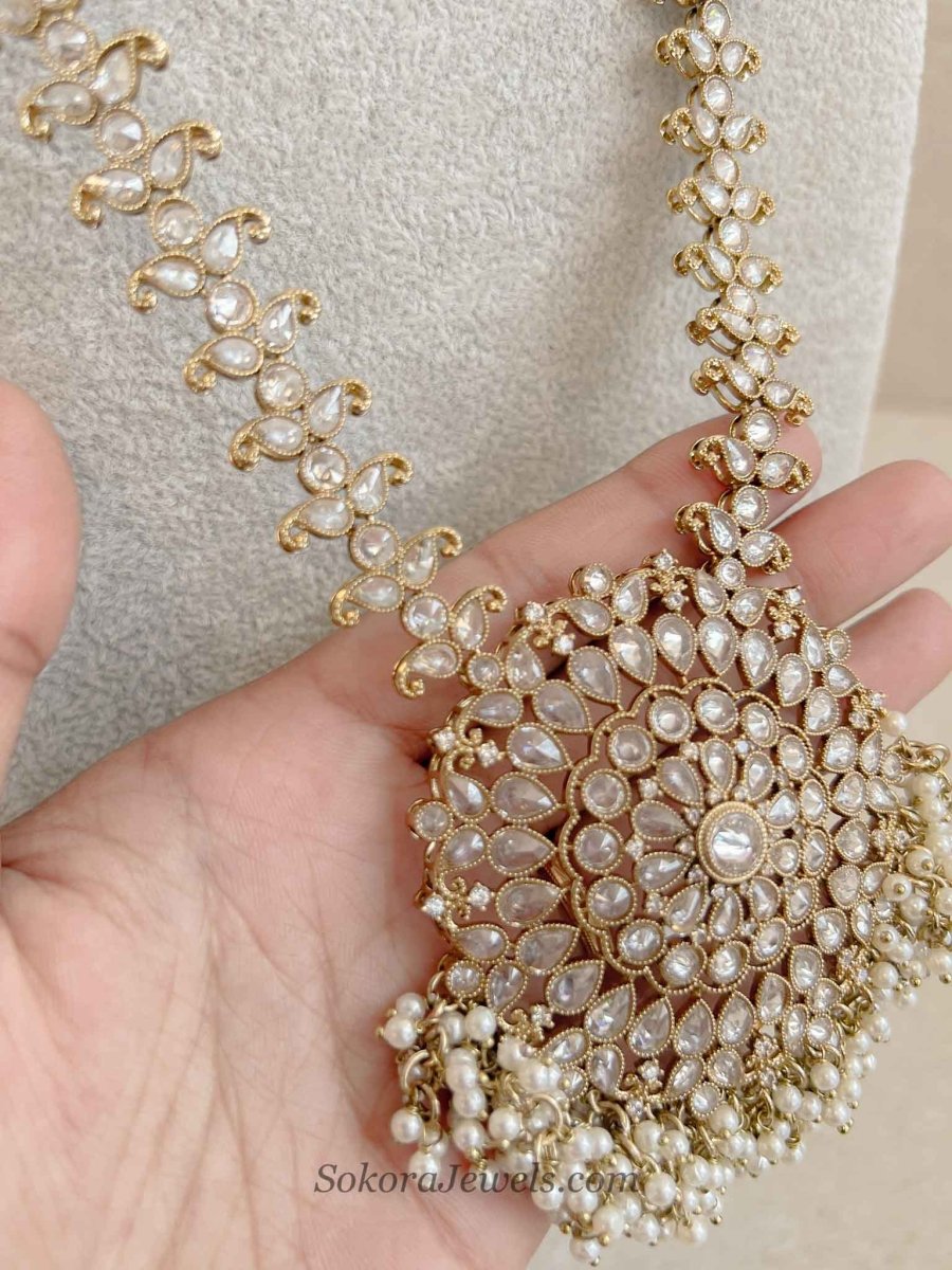 Antique Gold Long Necklace - White - SOKORA JEWELSAntique Gold Long Necklace - White