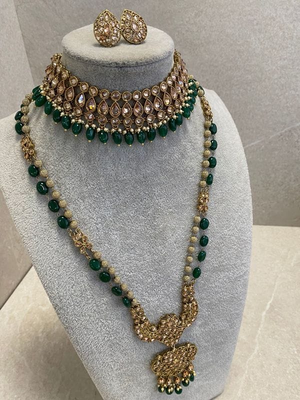 Antique Gold Mala Set - Green - SOKORA JEWELSAntique Gold Mala Set - GreenNECKLACE SETS