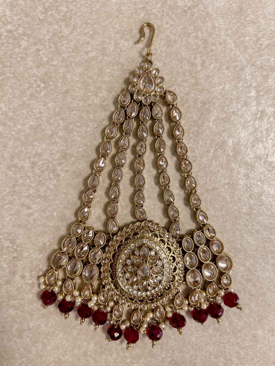 Antique Gold Maroon Jhumar - SOKORA JEWELSAntique Gold Maroon Jhumar
