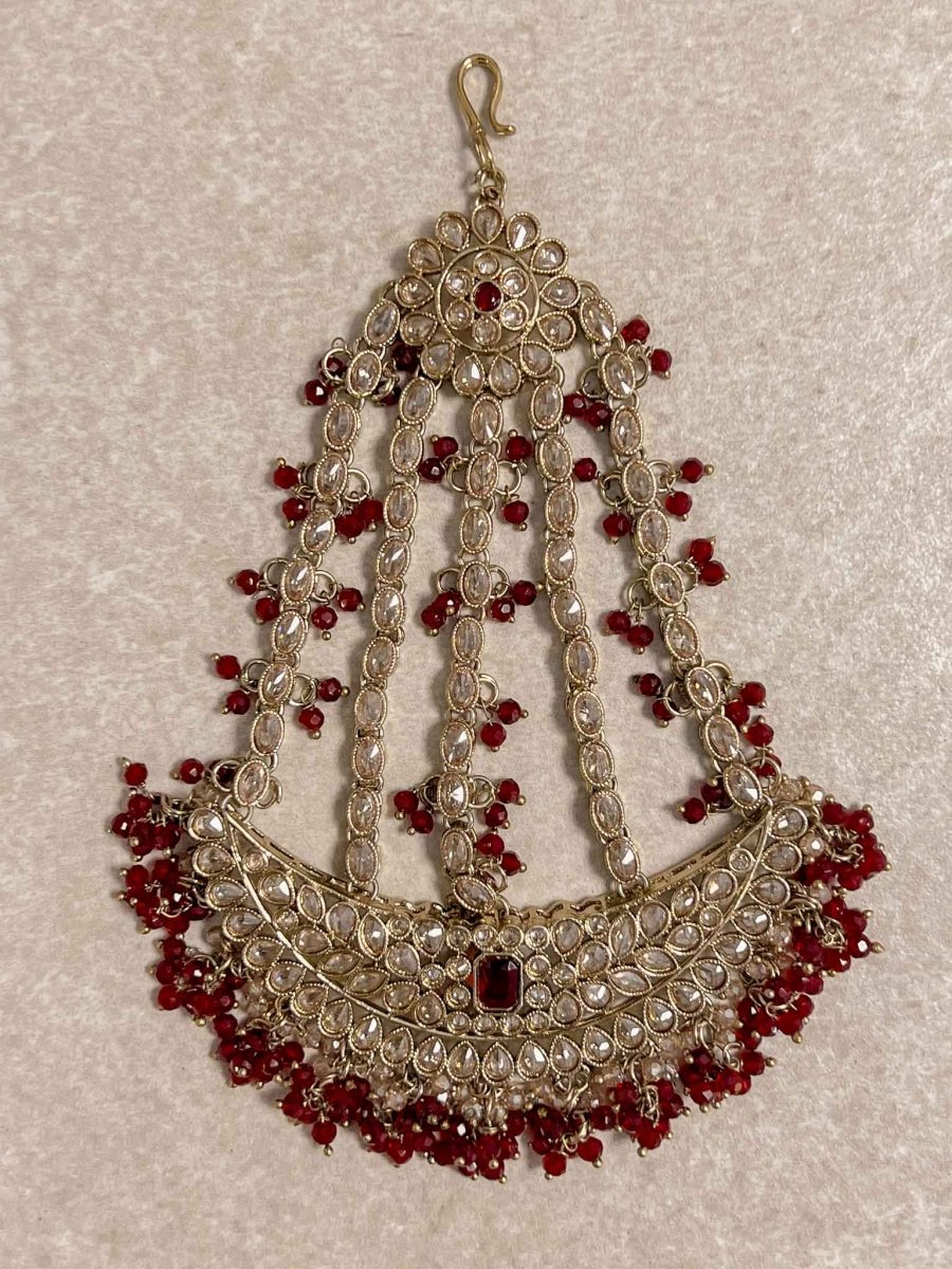 Antique Gold Maroon Jhumar - SOKORA JEWELSAntique Gold Maroon Jhumar