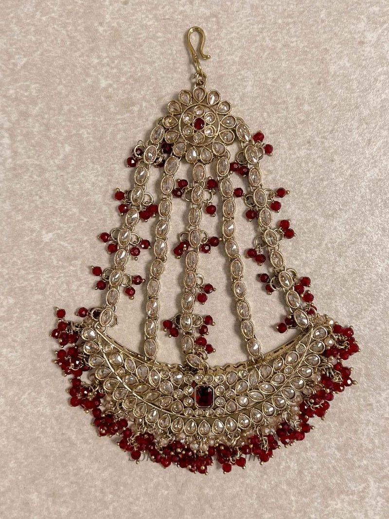 Antique Gold Maroon Jhumar - SOKORA JEWELSAntique Gold Maroon Jhumar