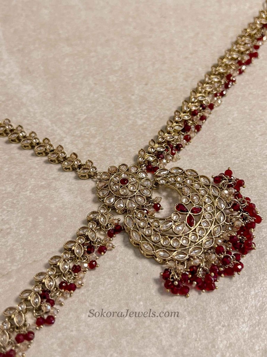 Antique Gold Maroon Mathapatti - SOKORA JEWELSAntique Gold Maroon Mathapatti