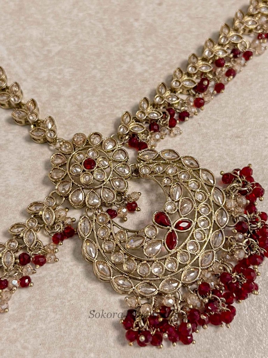 Antique Gold Maroon Mathapatti - SOKORA JEWELSAntique Gold Maroon Mathapatti