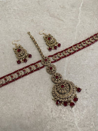 Antique Gold Mathapatti & Earrings set - Maroon - SOKORA JEWELSAntique Gold Mathapatti & Earrings set - Maroon