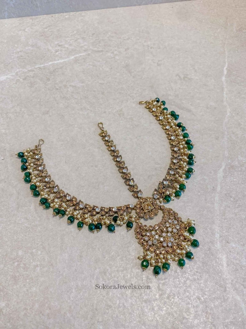 Antique Gold Mathapatti - Green - SOKORA JEWELSAntique Gold Mathapatti - Green