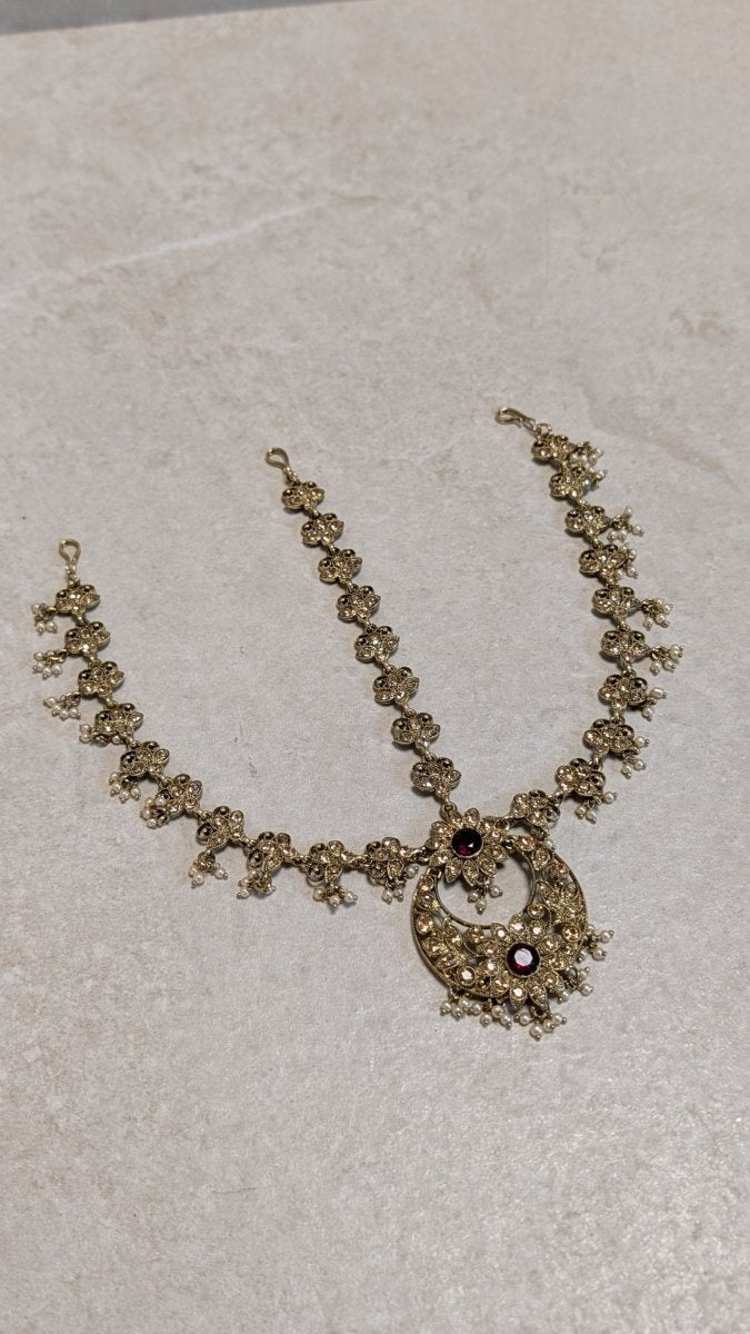 Antique Gold Mathapatti - Maroon - SOKORA JEWELSAntique Gold Mathapatti - Maroon