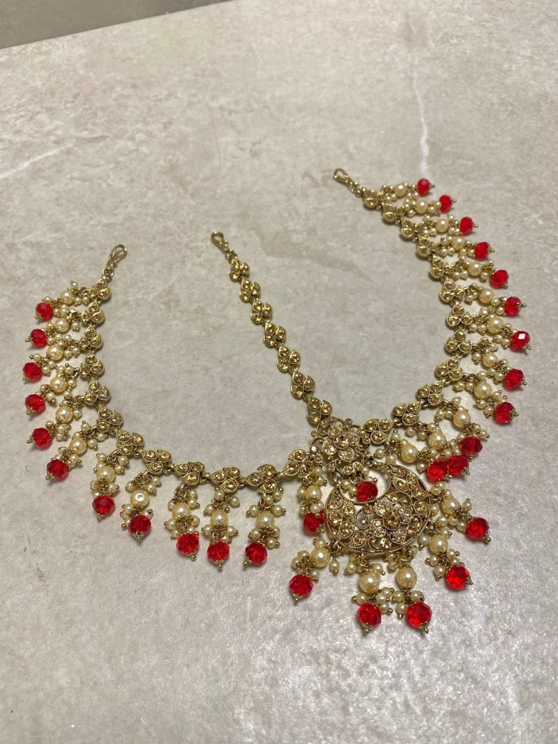 Antique Gold Mathapatti - Red - SOKORA JEWELSAntique Gold Mathapatti - Red