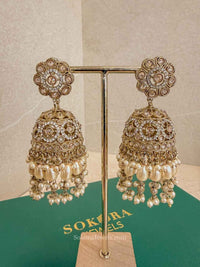 Antique Gold Mixed Zircon Statement Jhumkas - SOKORA JEWELSAntique Gold Mixed Zircon Statement Jhumkas